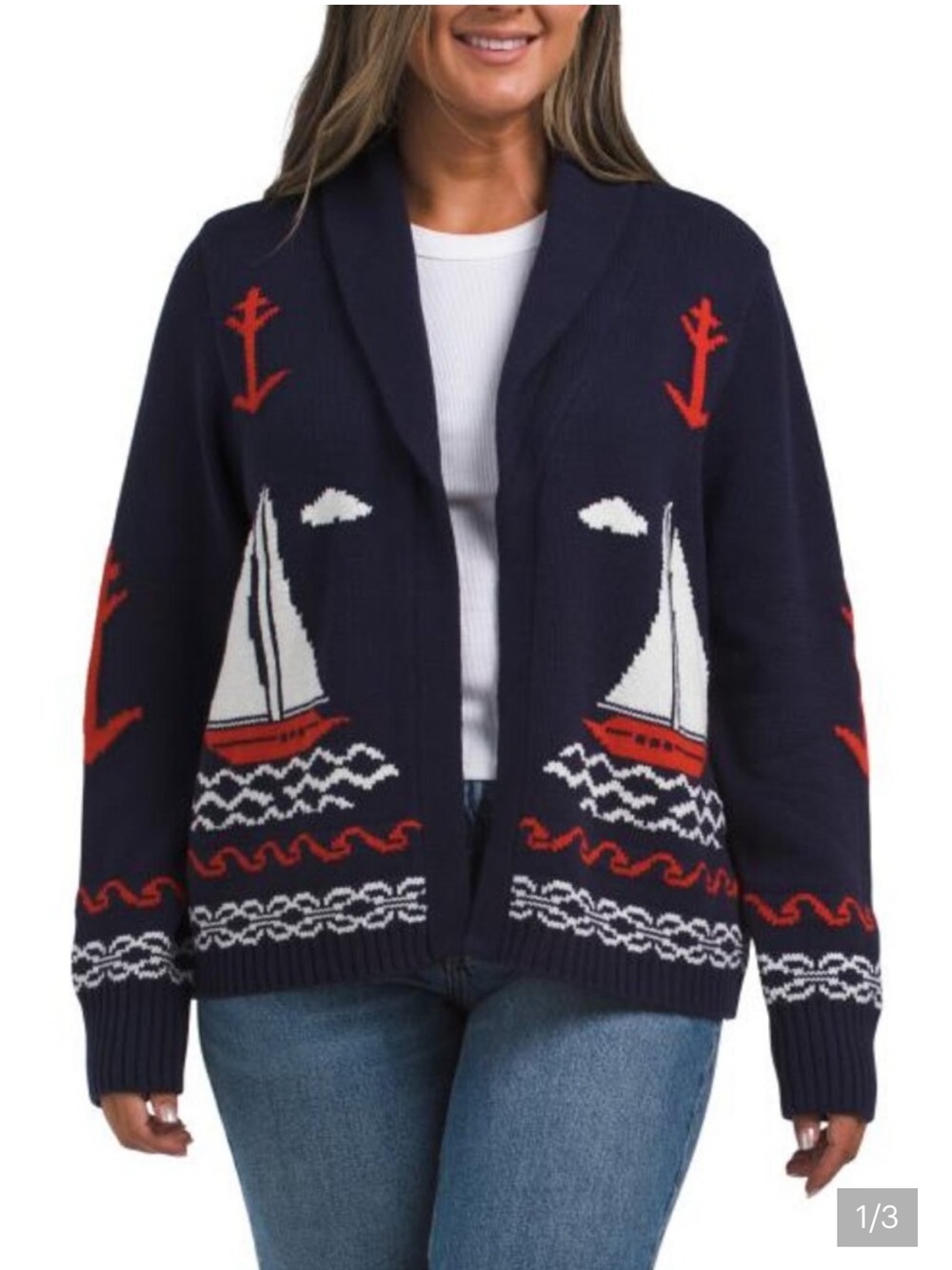 Women's Nautical Navy Anchors & Sailboats Open Front Sweater cardigan